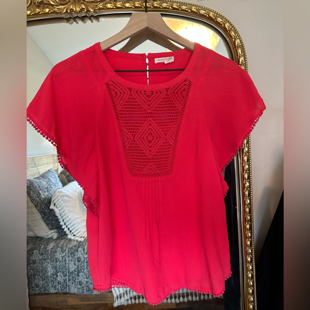Anthropologie Meadow Rue Anele Blouse Size XS Flutter Short Sleeve Top Lace